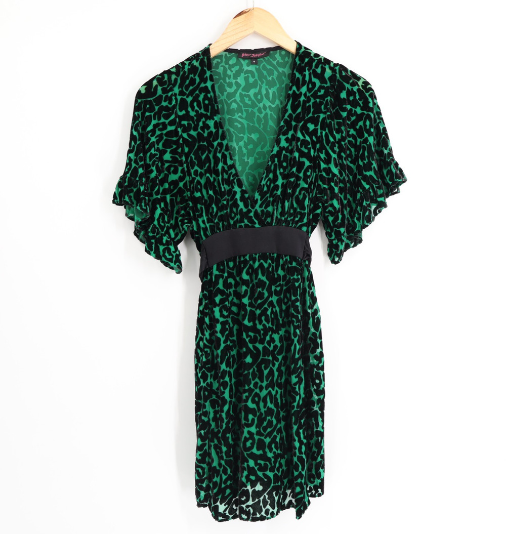 Vintage Betsey Johnson Emerald Cheetah Velvet Burnout Dress Sz 6 ""Flaw""